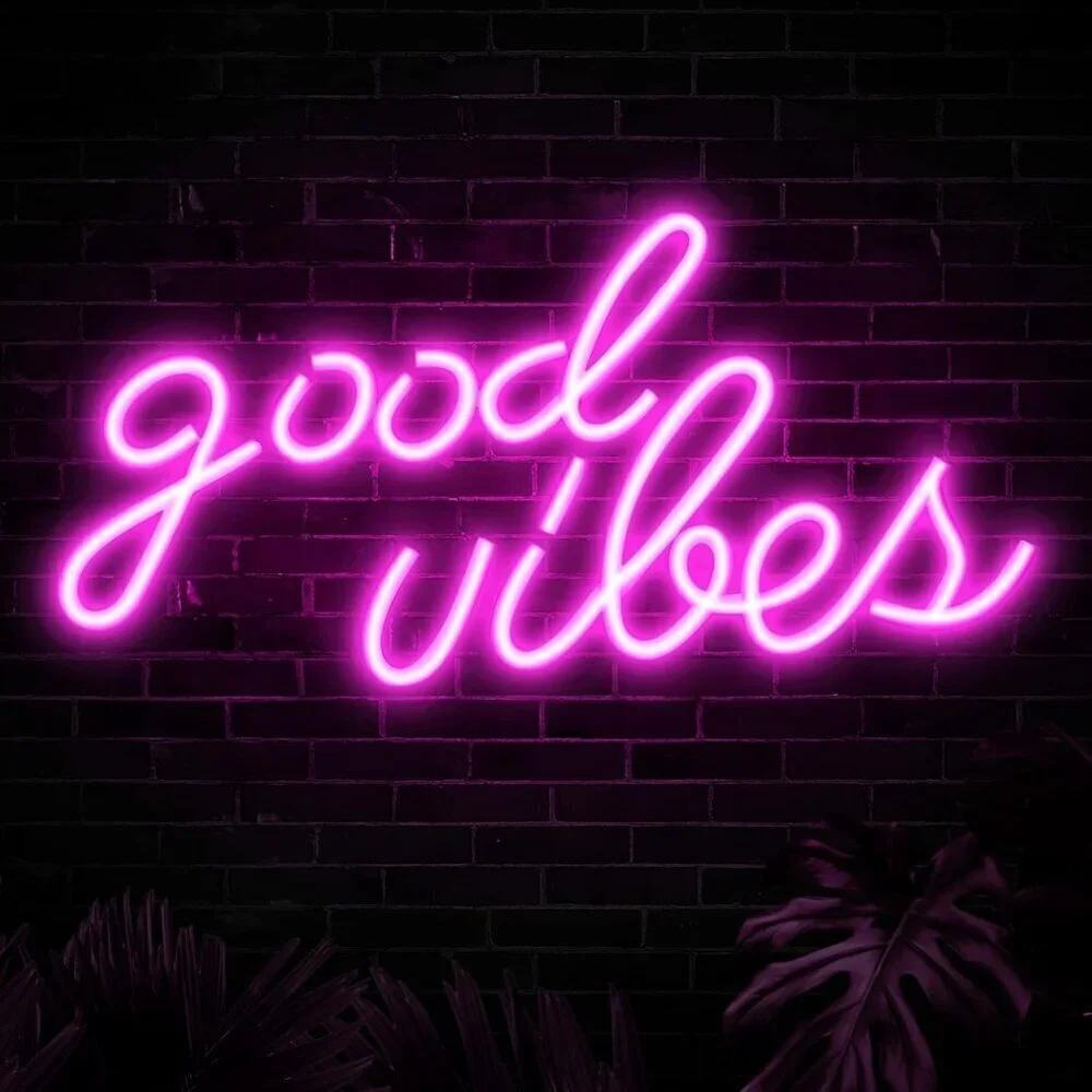 Neon Sign Pink Good Vibes Led Lights for Bedroom, Wall Decor (16.1 x 8.3 inch)